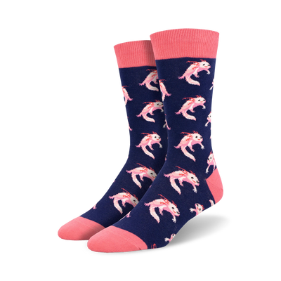 blue crew socks with pink toes, cuffs, and axolotl pattern.   