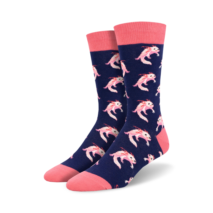 blue crew socks with pink toes, cuffs, and axolotl pattern.    }}