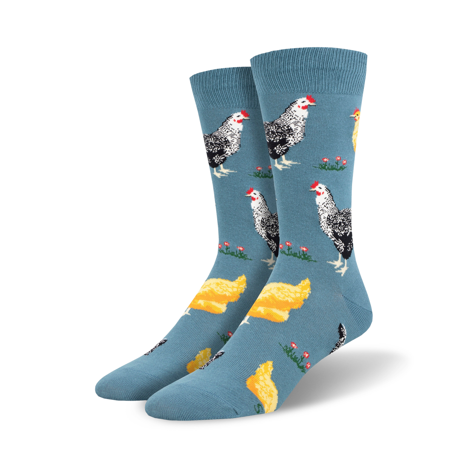 Pair of crew socks; blue background with illustrated black and white hens and yellow chicks. 