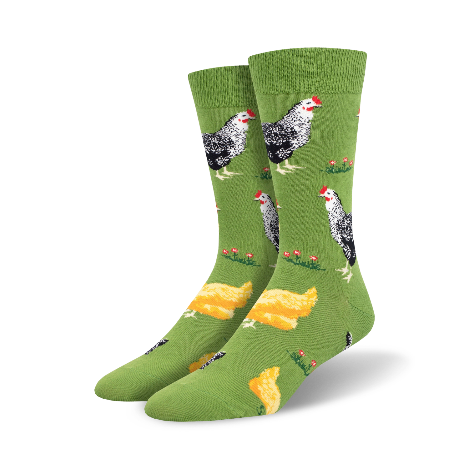 Lifestyle shot showing the green Bock Bock chicken socks on a person's feet.