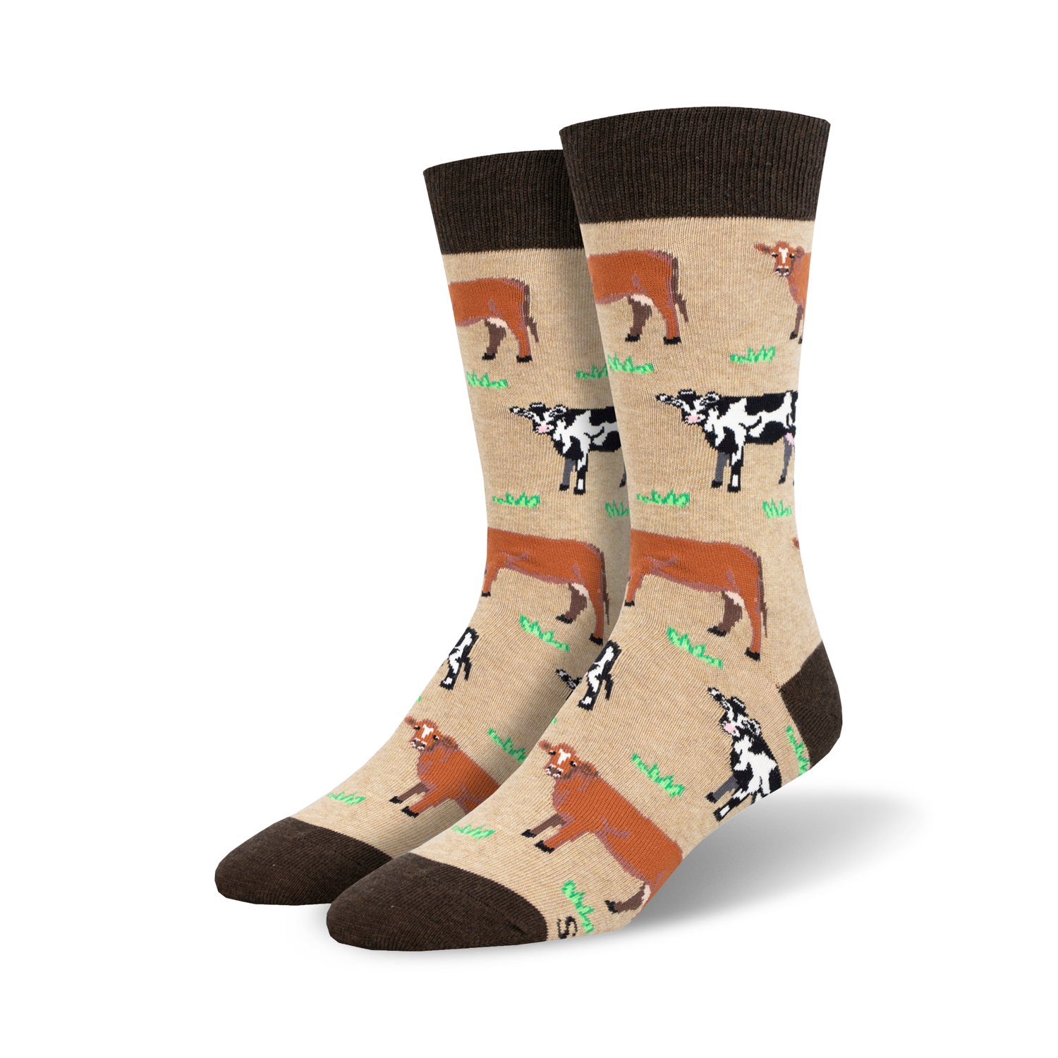 Lifestyle shot: A person's feet wearing the tan cow socks with brown cuffs.