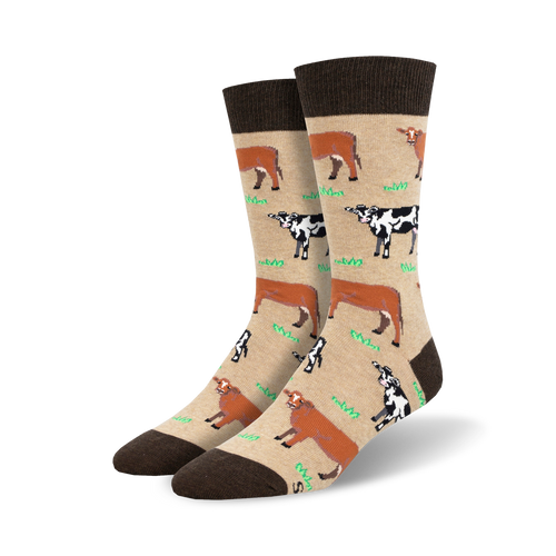Lifestyle shot: A person's feet wearing the tan cow socks with brown cuffs.