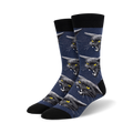 Pair of crew socks; navy blue and black with repeating pattern of snarling black cat faces.