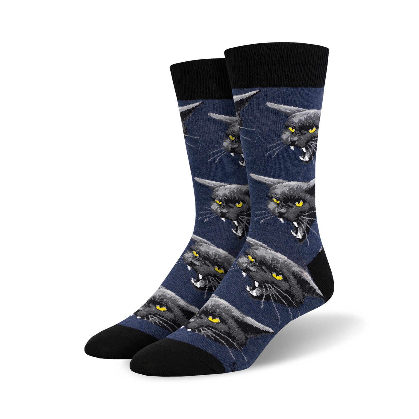 Pair of crew socks; navy blue and black with repeating pattern of snarling black cat faces.