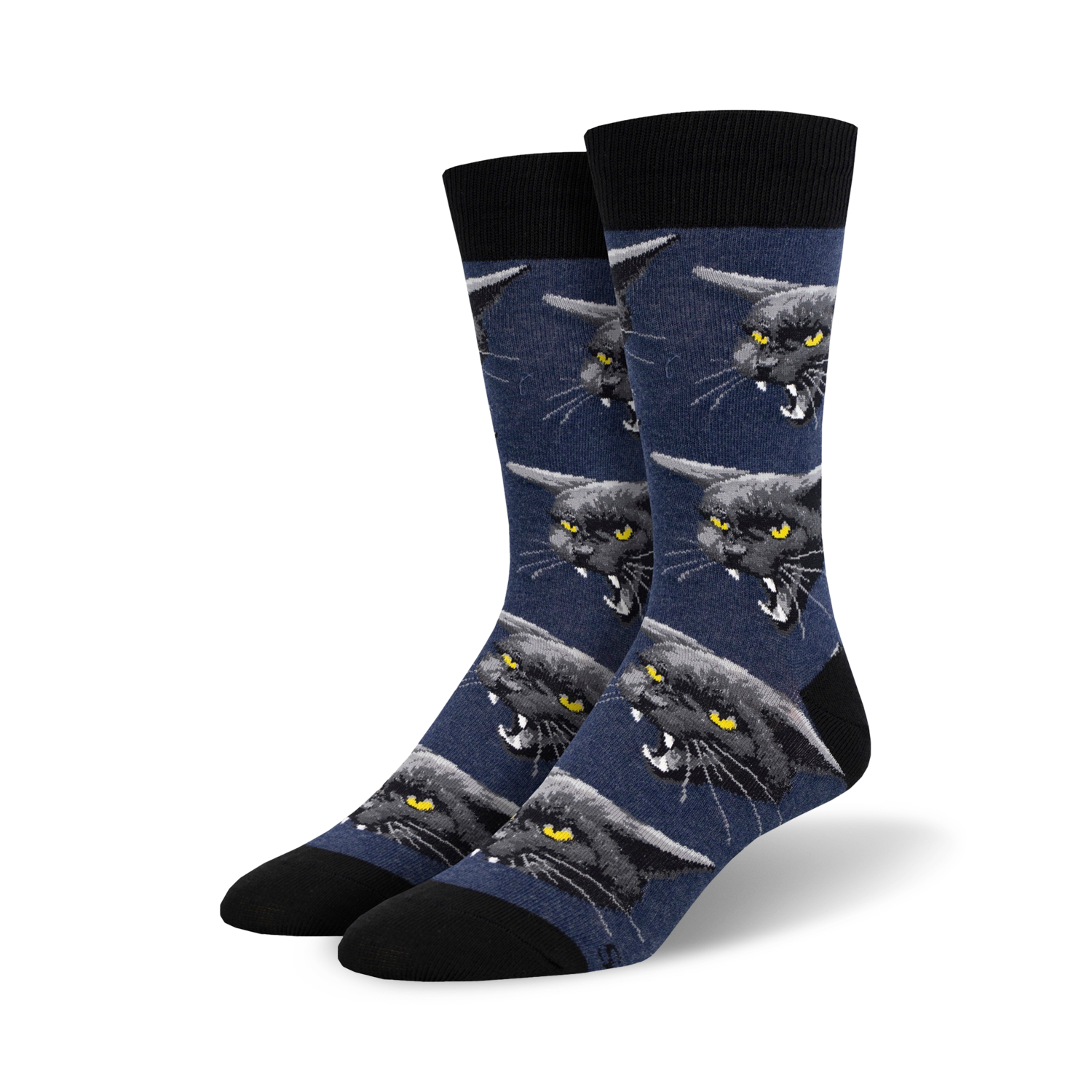 Pair of crew socks; navy blue and black with repeating pattern of snarling black cat faces.