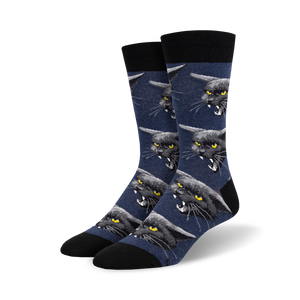 black crew socks with cartoon black cats showing teeth for men.   