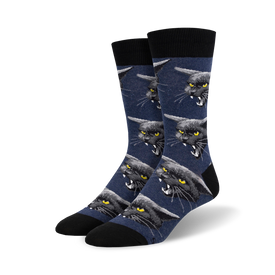 black cat malice cat themed mens blue novelty crew socks