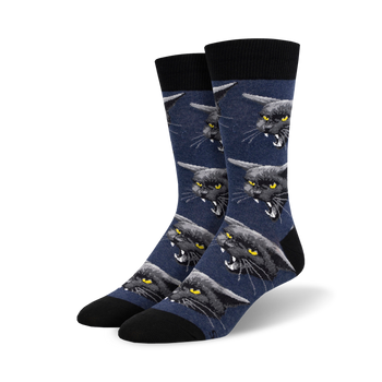 black cat malice cat themed mens blue novelty crew socks