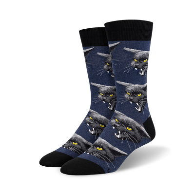 black crew socks with cartoon black cats showing teeth for men.   