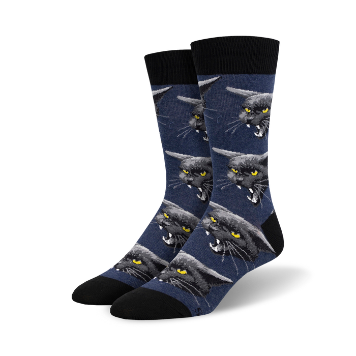 black crew socks with cartoon black cats showing teeth for men.   