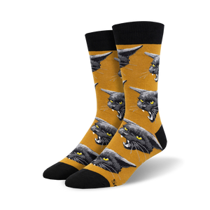 black and gold cotton crew socks with a pattern of black cats with yellow eyes and open mouths, showing teeth.  