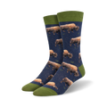 A pair of crew socks in navy blue and olive green. The socks feature a repeating pattern of grazing bison on a dark blue background.