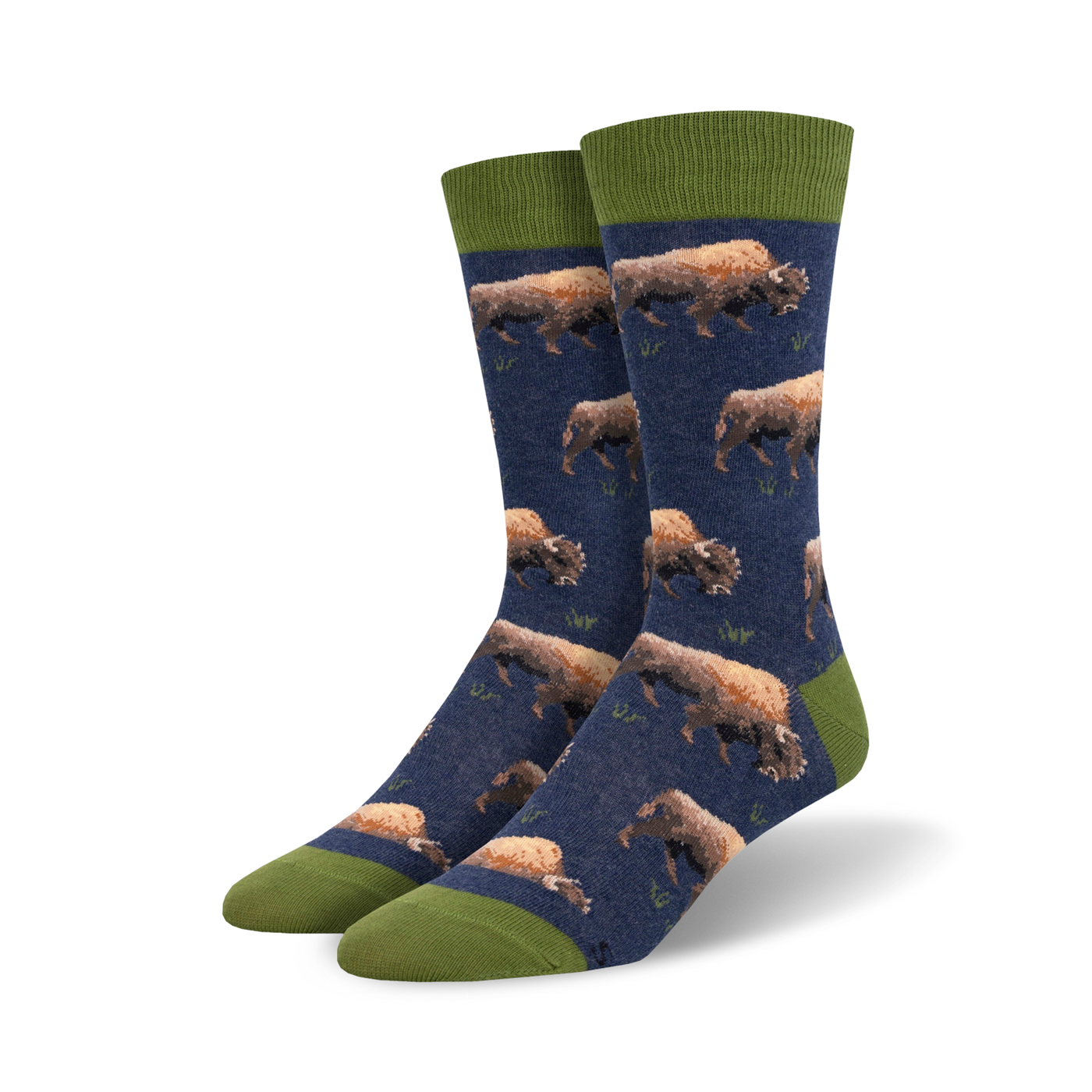 A pair of crew socks in navy blue and olive green. The socks feature a repeating pattern of grazing bison on a dark blue background.