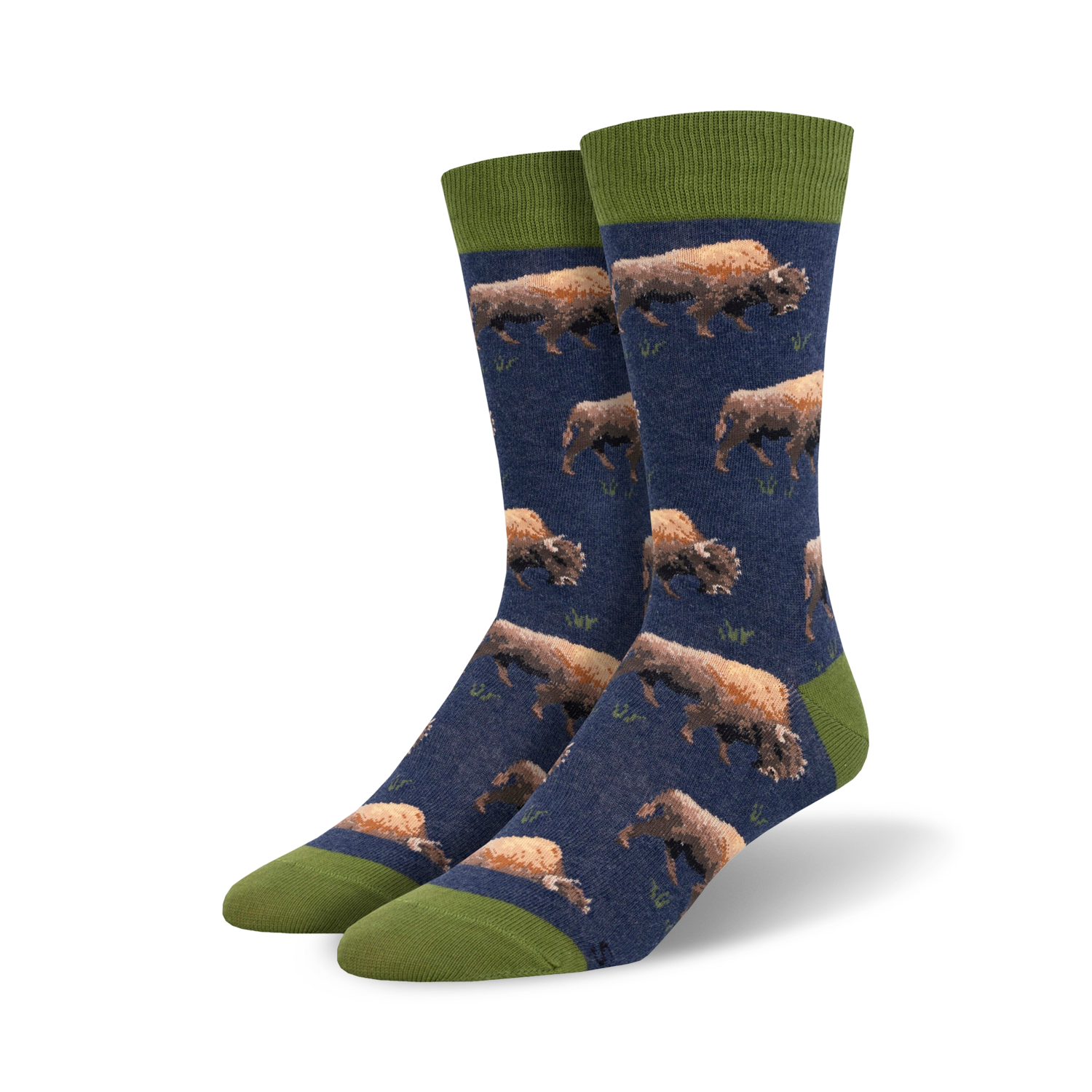 A pair of crew socks in navy blue and olive green. The socks feature a repeating pattern of grazing bison on a dark blue background.