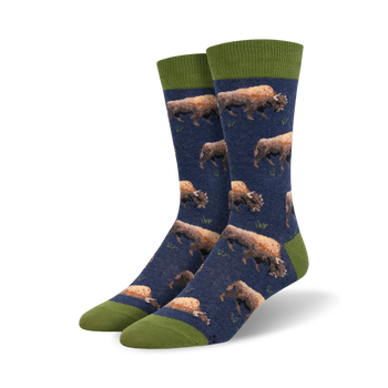 blue crew socks with pattern of walking and grazing brown and tan bison.  