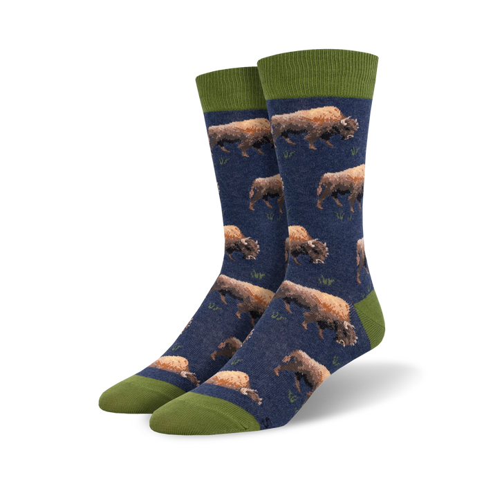 blue crew socks with pattern of walking and grazing brown and tan bison.  
