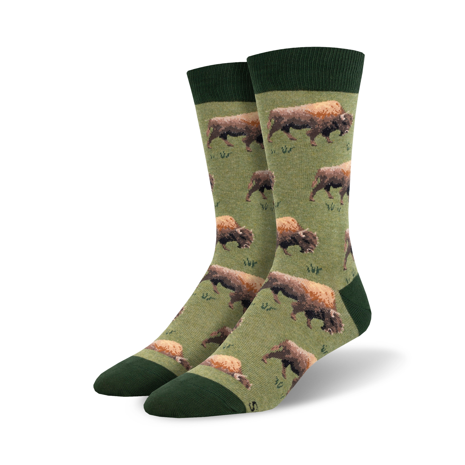 Lifestyle shot of a person's feet wearing the green Grazing Bison socks. The socks are shown in motion while walking.