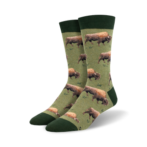 bison crew socks: mens green and brown crew length fun bison pattern socks  