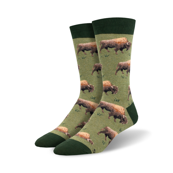bison crew socks: mens green and brown crew length fun bison pattern socks  