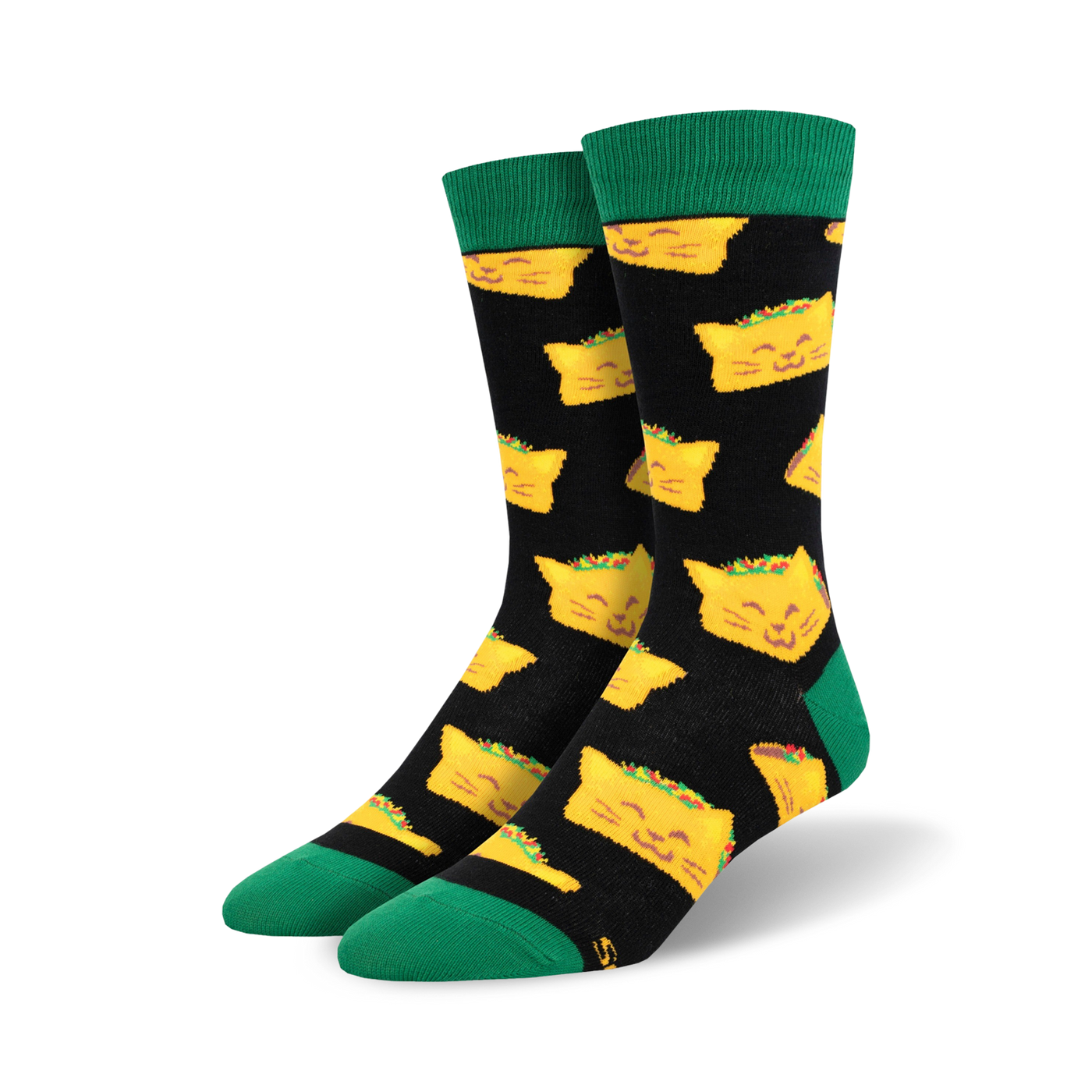 Pair of crew socks with a black background and a repeating pattern of yellow cat-shaped tacos. Green cuffs.