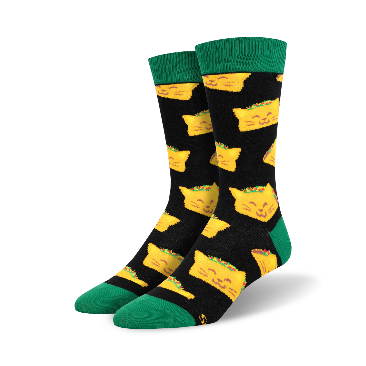 Pair of crew socks with a black background and a repeating pattern of yellow cat-shaped tacos. Green cuffs.