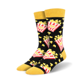 Pair of crew socks with a popcorn design.  The socks are black with yellow toes and red and yellow popcorn illustrations.