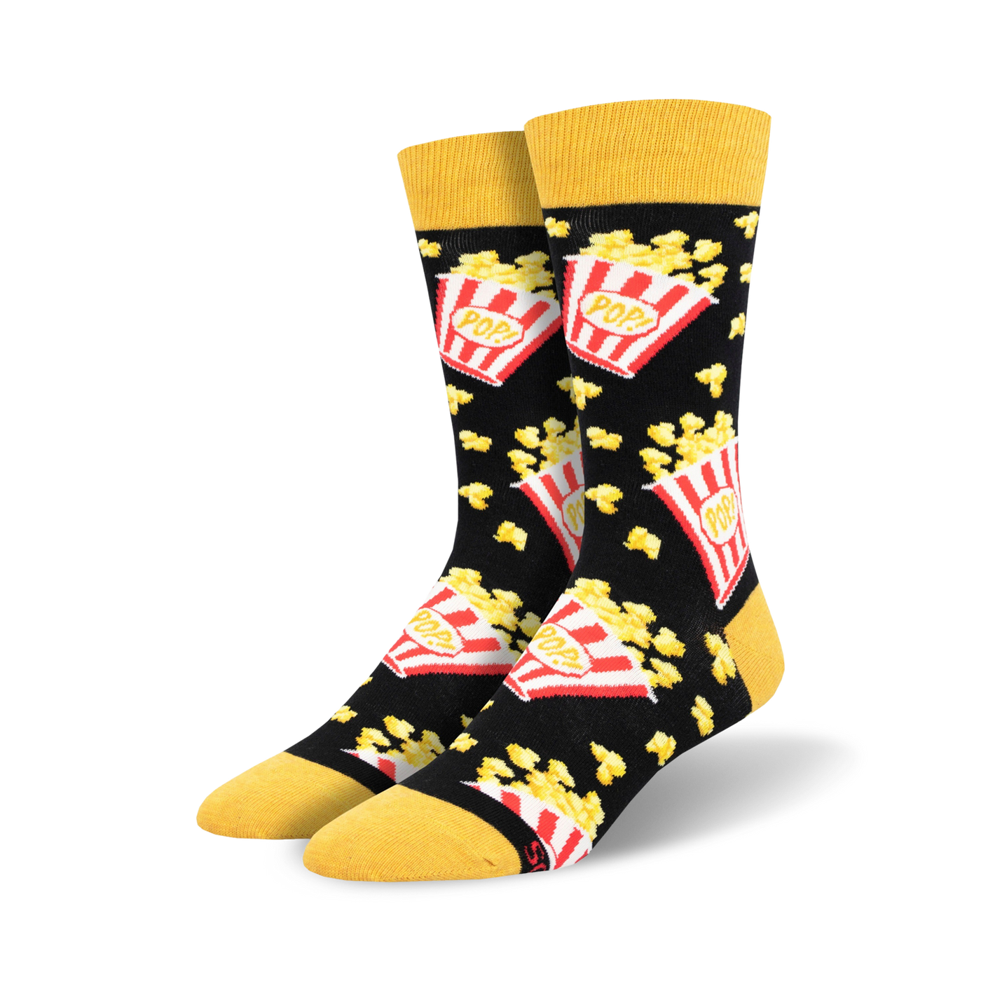 Pair of crew socks with a popcorn design.  The socks are black with yellow toes and red and yellow popcorn illustrations.