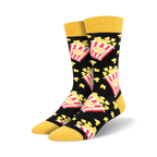 Pair of crew socks with a popcorn design.  The socks are black with yellow toes and red and yellow popcorn illustrations.