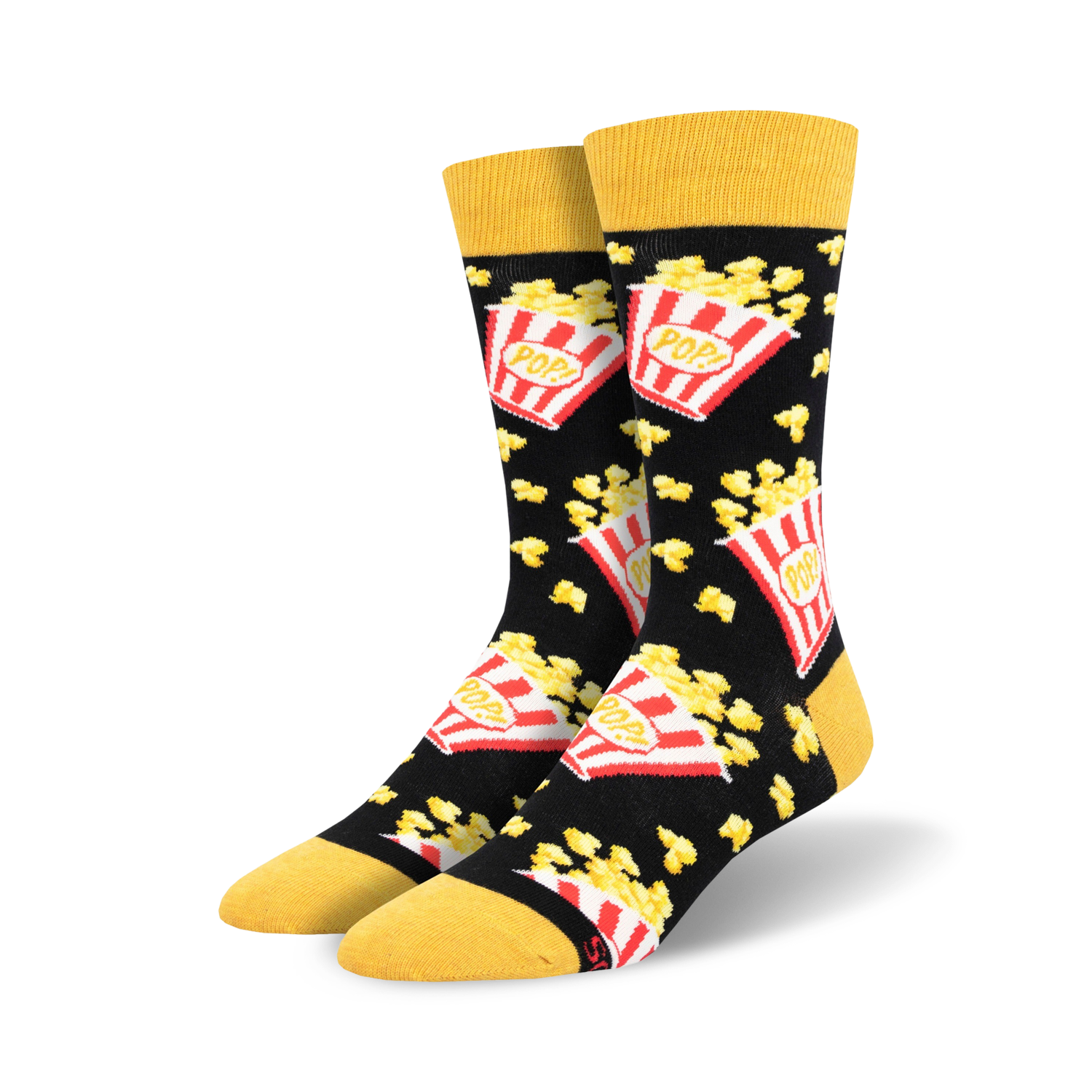 Pair of crew socks with a popcorn design.  The socks are black with yellow toes and red and yellow popcorn illustrations.