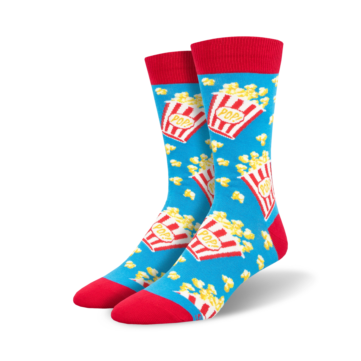 Lifestyle shot of model wearing bright blue popcorn socks with red cuffs.