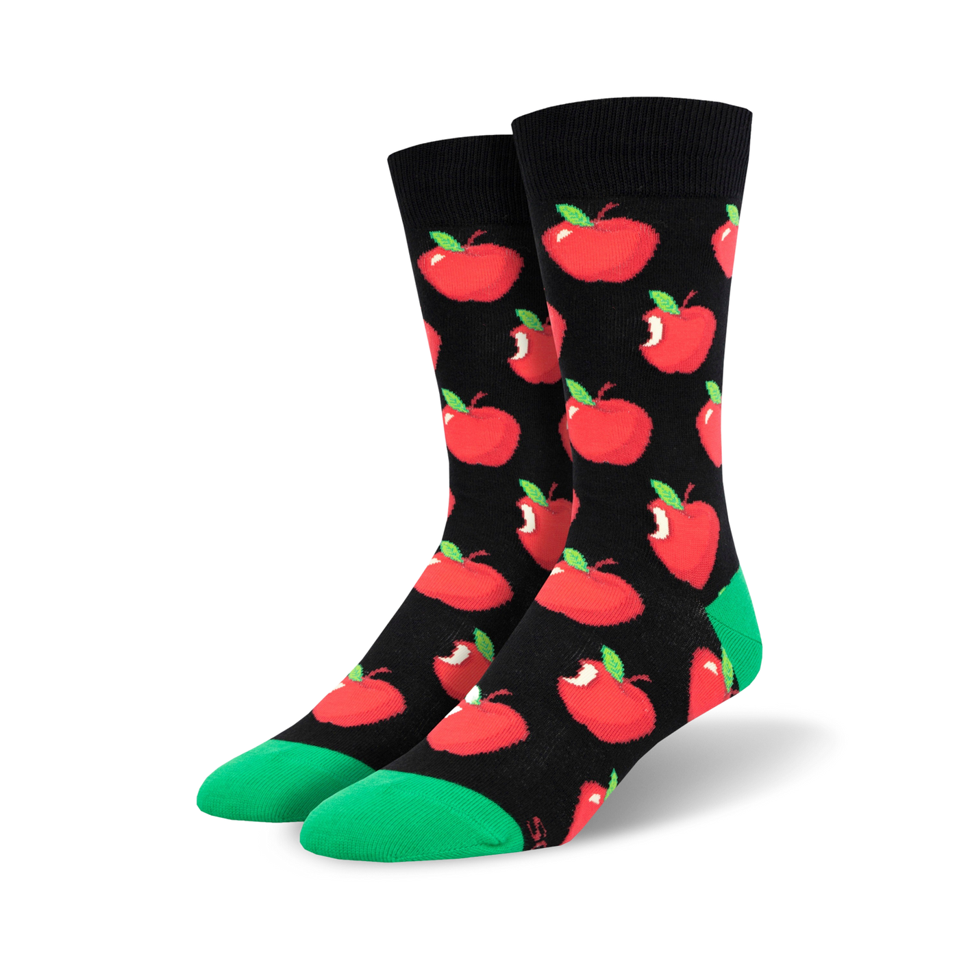 A pair of crew socks with a black background and a repeating pattern of red apples with green stems. The socks have a bright green cuff.