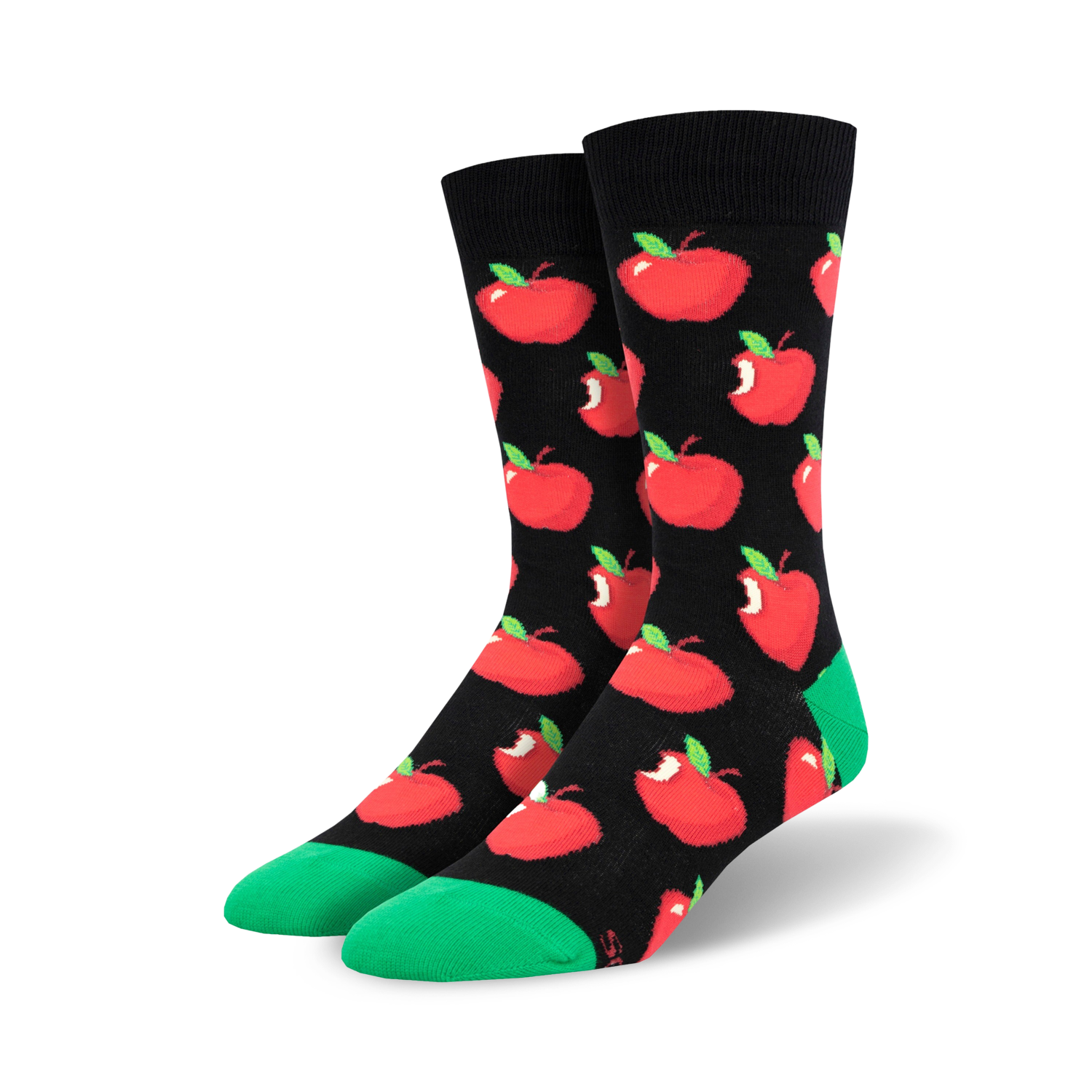 A pair of crew socks with a black background and a repeating pattern of red apples with green stems. The socks have a bright green cuff.