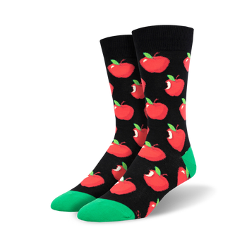black crew socks for men feature a bitten apple pattern with a green toe.   