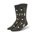 Pair of crew socks in grey featuring a repeating pattern of wine bottles and glasses. 