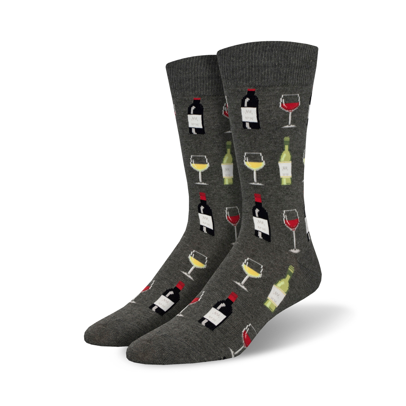 Pair of crew socks in grey featuring a repeating pattern of wine bottles and glasses. 