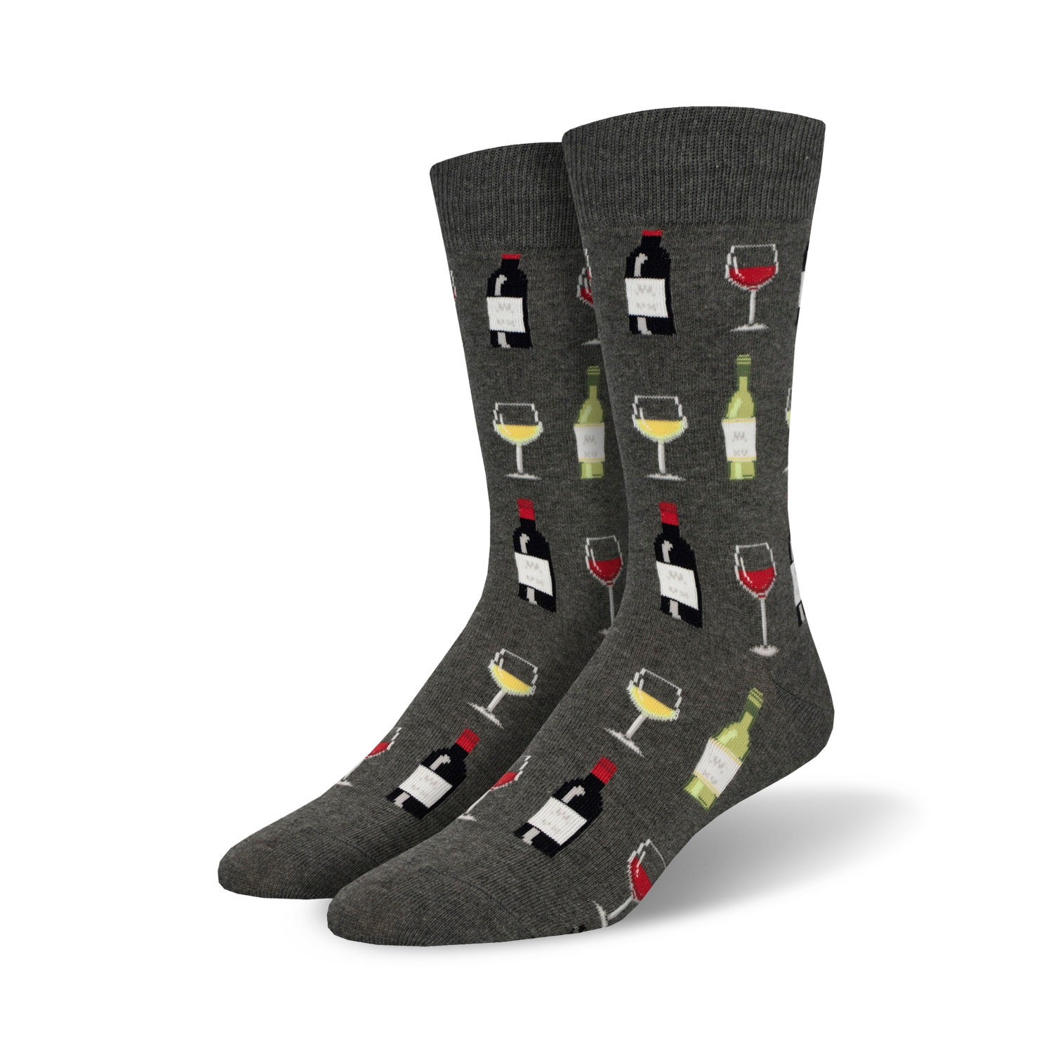 Pair of crew socks in grey featuring a repeating pattern of wine bottles and glasses. 