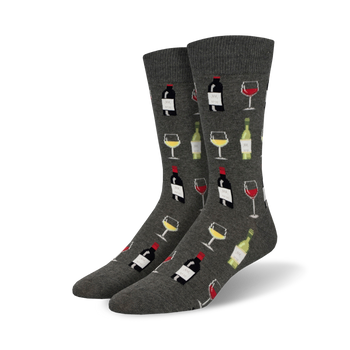 crew socks with a dark gray background featuring a pattern of wine bottles and wine glasses in red, white, and green.  