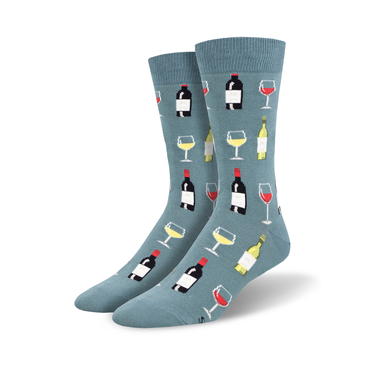 Lifestyle shot: A model's feet wearing the blue Fine Wine socks.
