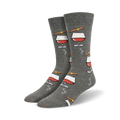 Pair of crew socks in gray and blue, featuring a repeating pattern of wine glasses and cigars.  Fun, sophisticated design.