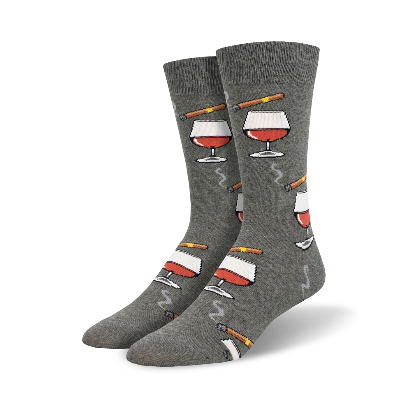 Pair of crew socks in gray and blue, featuring a repeating pattern of wine glasses and cigars.  Fun, sophisticated design.