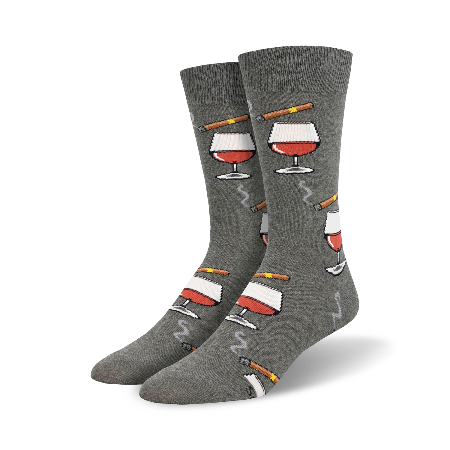 Pair of crew socks in gray and blue, featuring a repeating pattern of wine glasses and cigars.  Fun, sophisticated design.