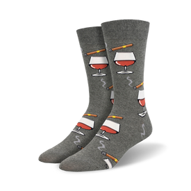 gray crew socks with a pattern of brandy snifters and cigars, perfect for the brandy lover in your life.  