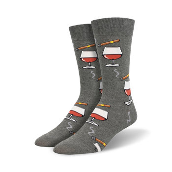gray crew socks with a pattern of brandy snifters and cigars, perfect for the brandy lover in your life.  