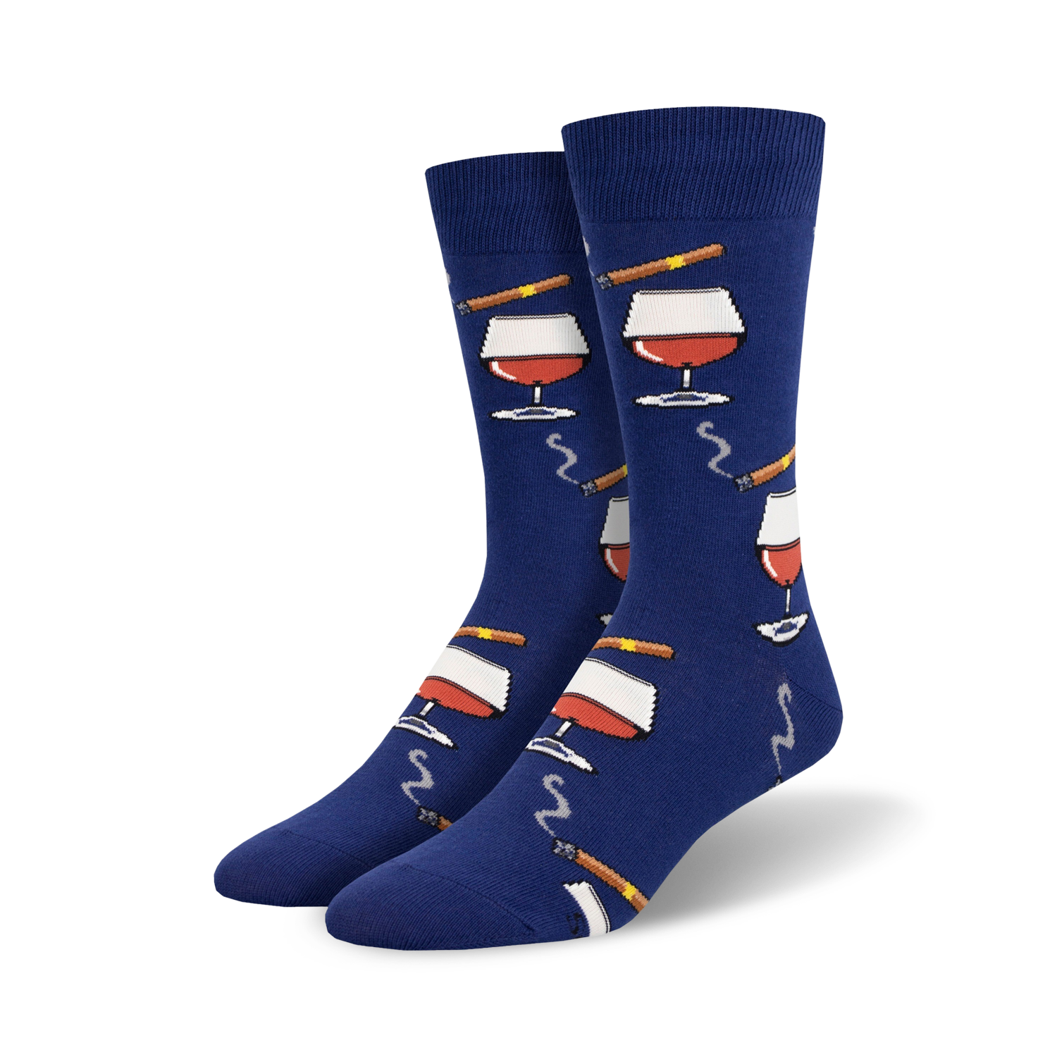 Close-up shot of blue Brandy Dandy socks showcasing the wine glass and cigar design.