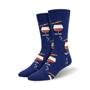 blue crew socks featuring brandy snifters and cigar pattern for men.  
