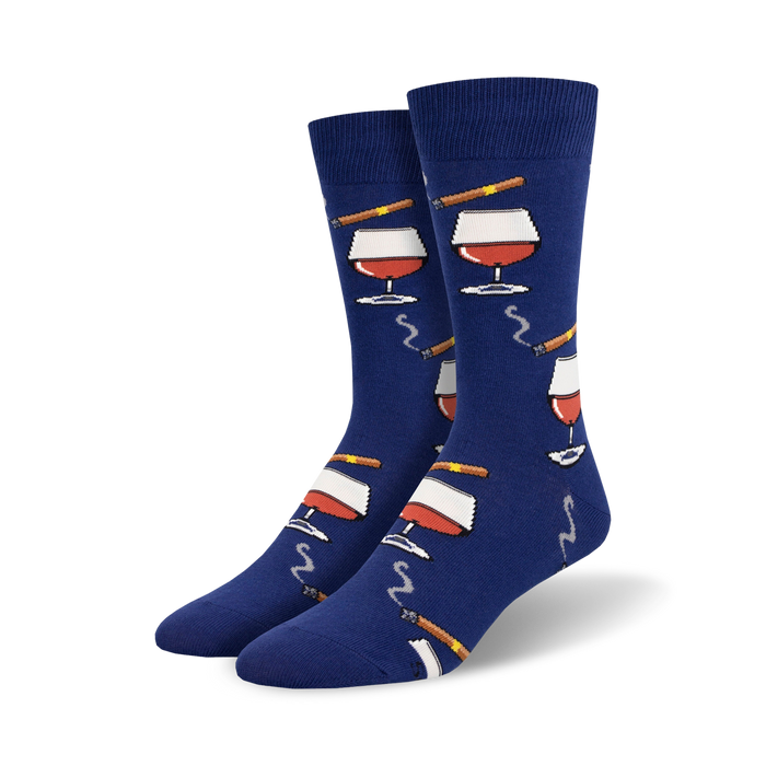 blue crew socks featuring brandy snifters and cigar pattern for men.  