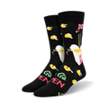 A pair of black crew socks with a fun design.  They feature yellow fortune cookies, a takeout box, and the words 'To Go Open' in a retro style.