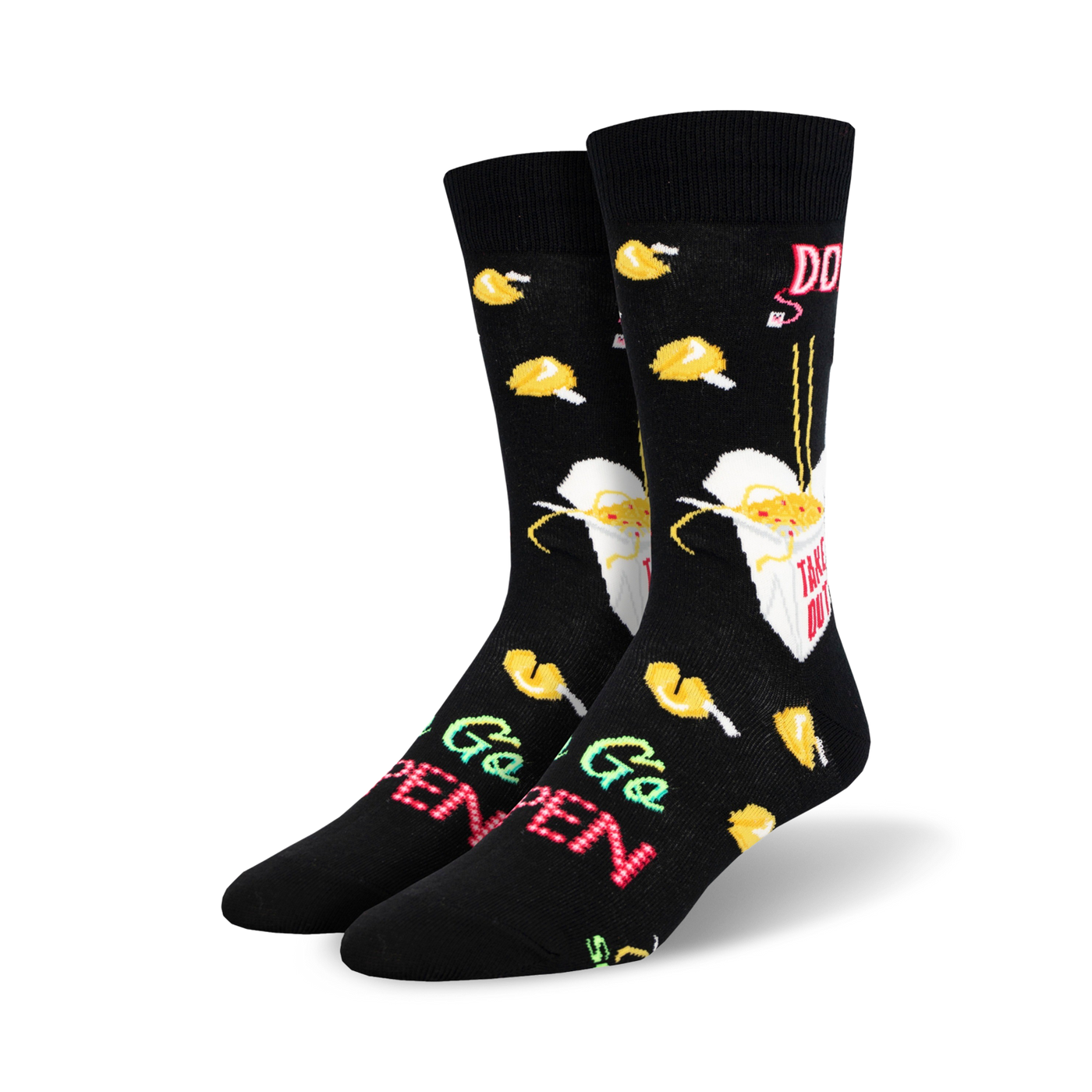 A pair of black crew socks with a fun design.  They feature yellow fortune cookies, a takeout box, and the words 'To Go Open' in a retro style.