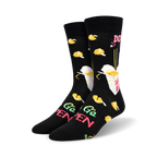 A pair of black crew socks with a fun design.  They feature yellow fortune cookies, a takeout box, and the words 'To Go Open' in a retro style.