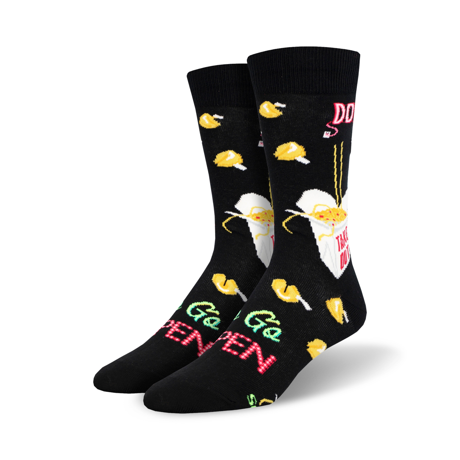 A pair of black crew socks with a fun design.  They feature yellow fortune cookies, a takeout box, and the words 'To Go Open' in a retro style.